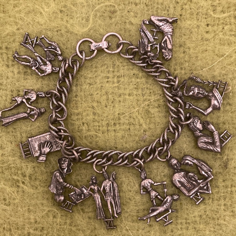 Vintage (Mid-Century) Pewter 10 Commandments Charm Bracelet